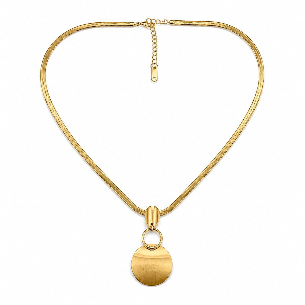 Gold-tone disc pendant snake chain necklace styled with a white blouse