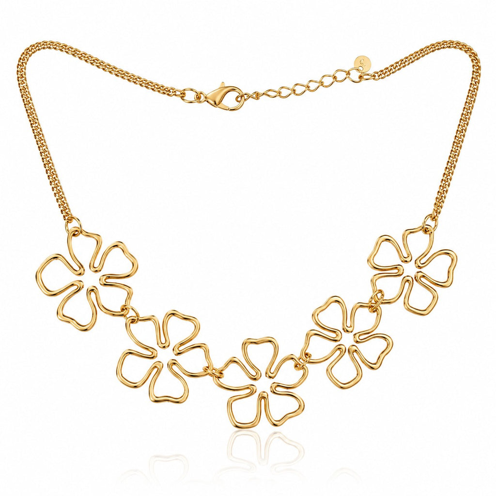 Gold-tone necklace with five openwork flower charms, lobster clasp and extender on white
