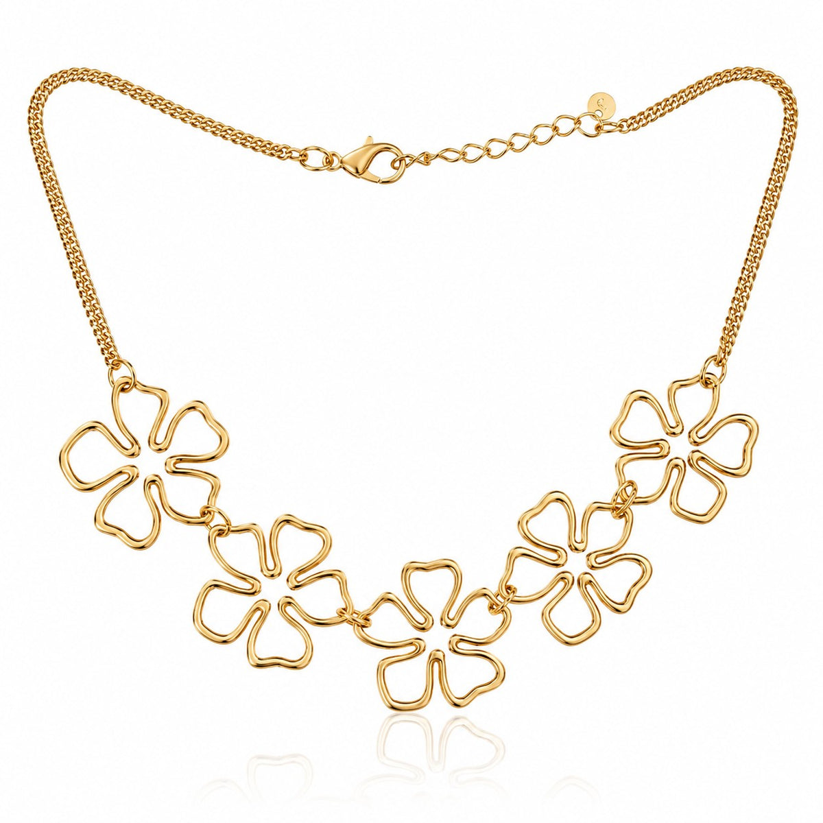 Gold-tone necklace with five openwork flower charms, lobster clasp and extender on white