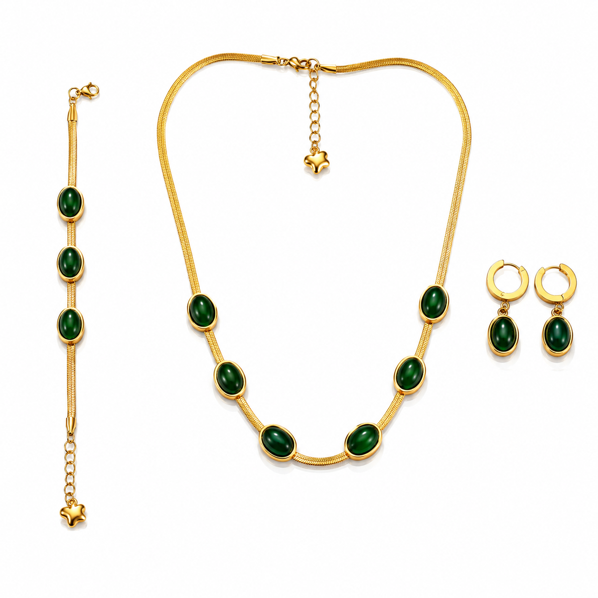 Matching green oval necklace, bracelet and earrings styled with a cream blouse