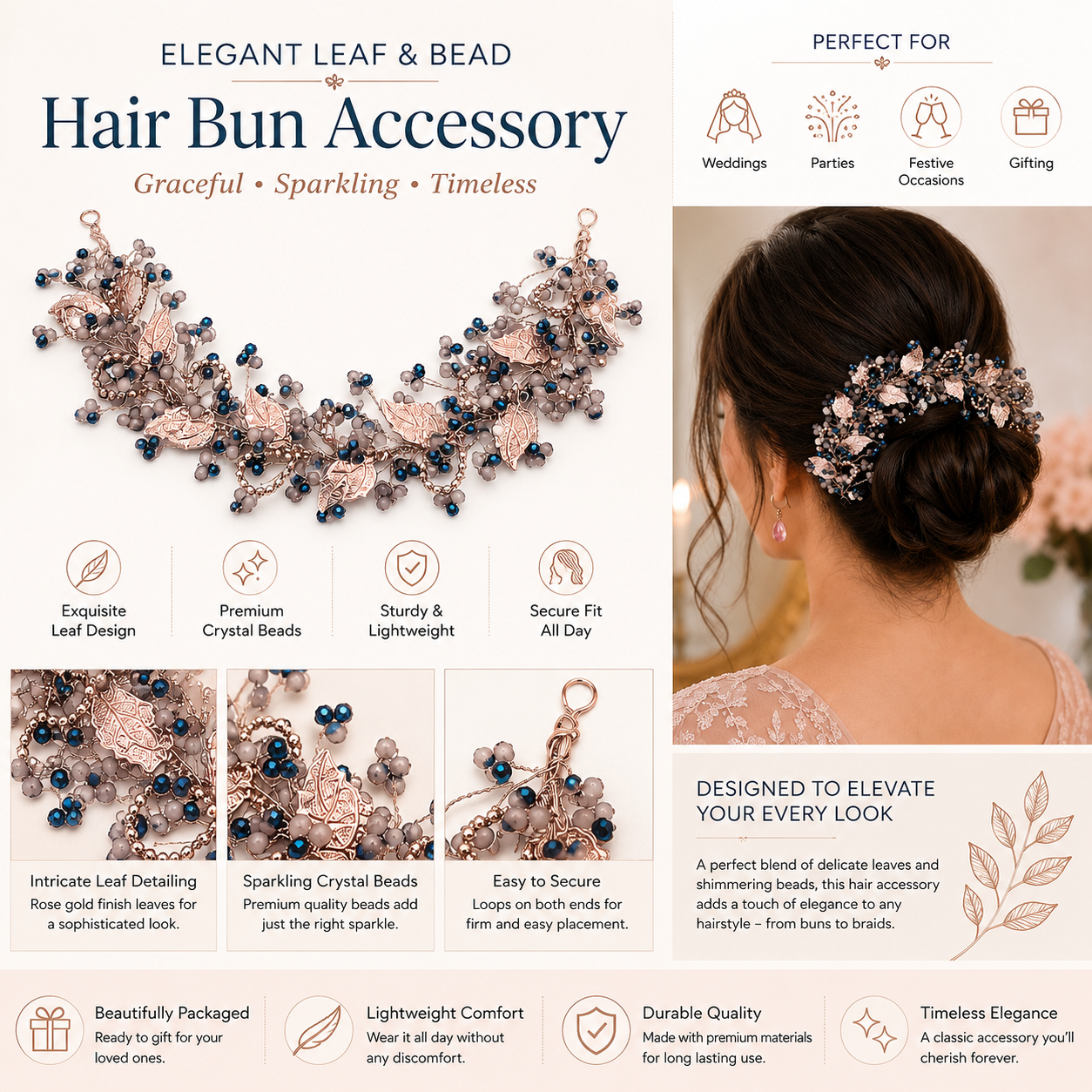 Elegant Leaf & Bead Hair Bun Accessory
