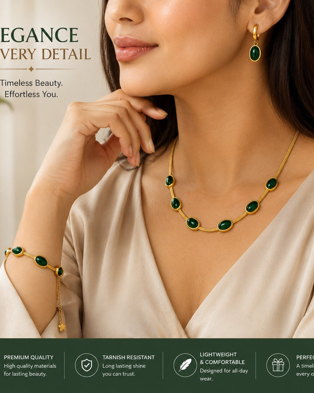 Green oval jewellery set infographic showing necklace, bracelet and earring measurements and care details