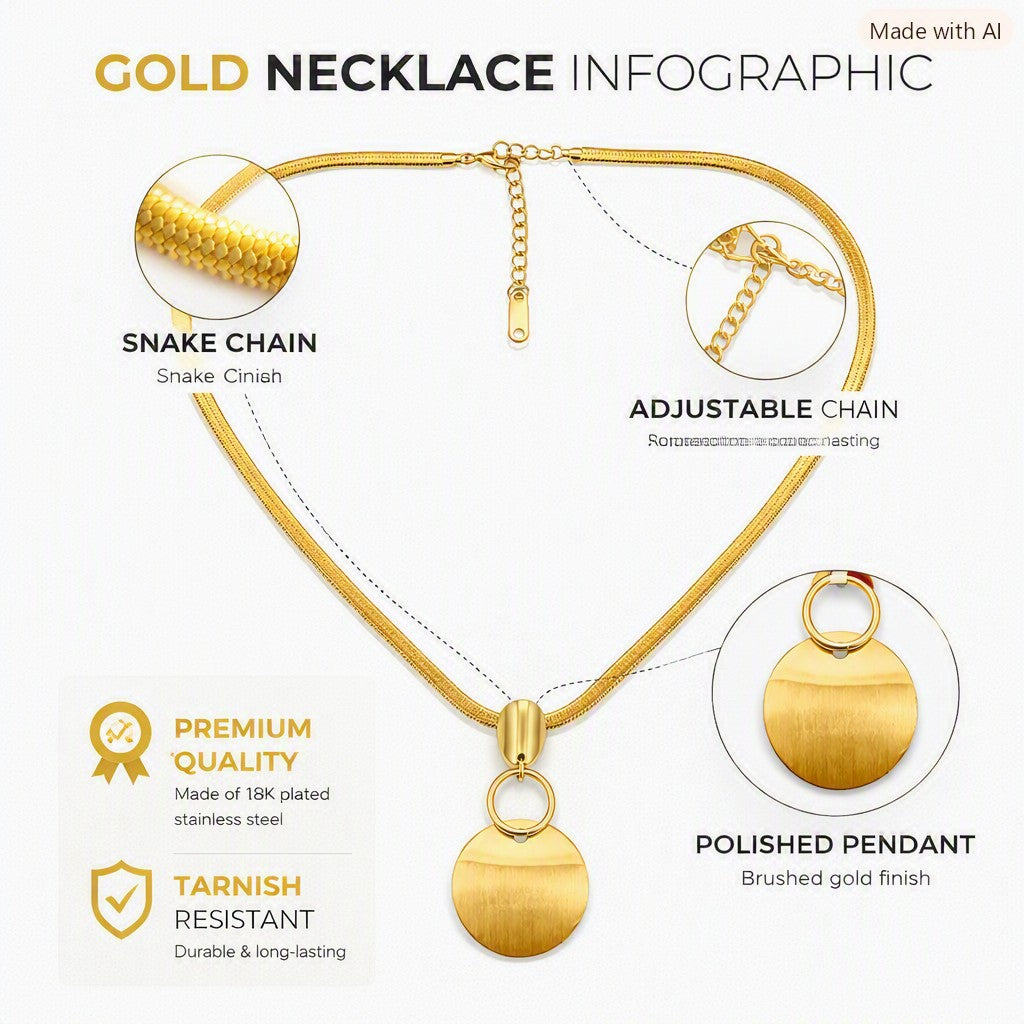 Gold-tone snake chain necklace with a round disc pendant and extender chain on white