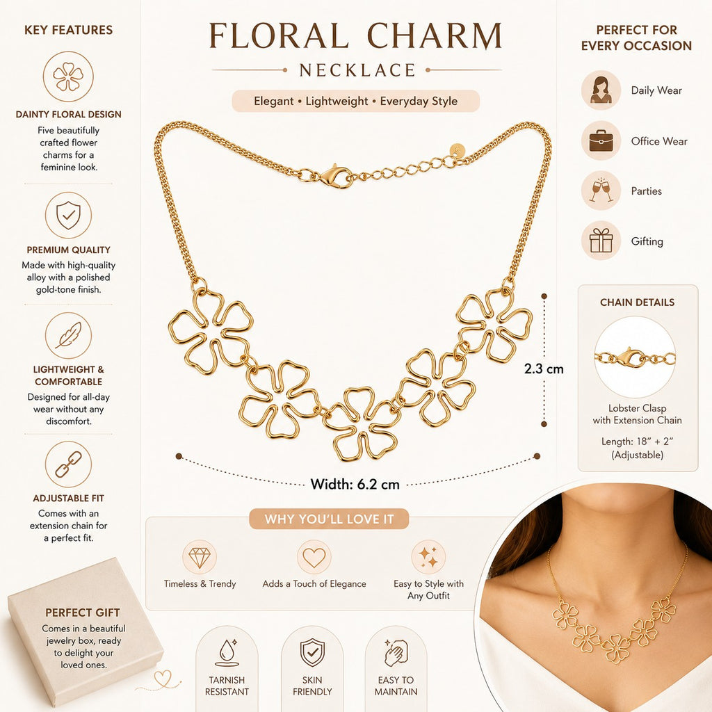 Floral charm necklace infographic showing chain length and clasp details