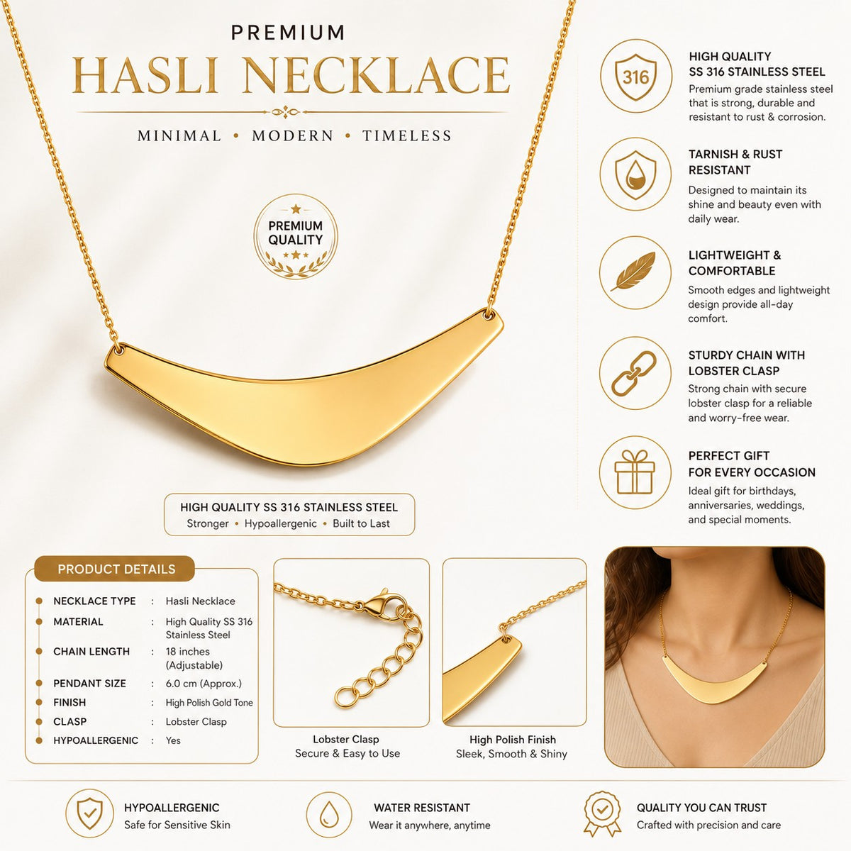 Gold-Tone Curved Crescent Pendant Necklace