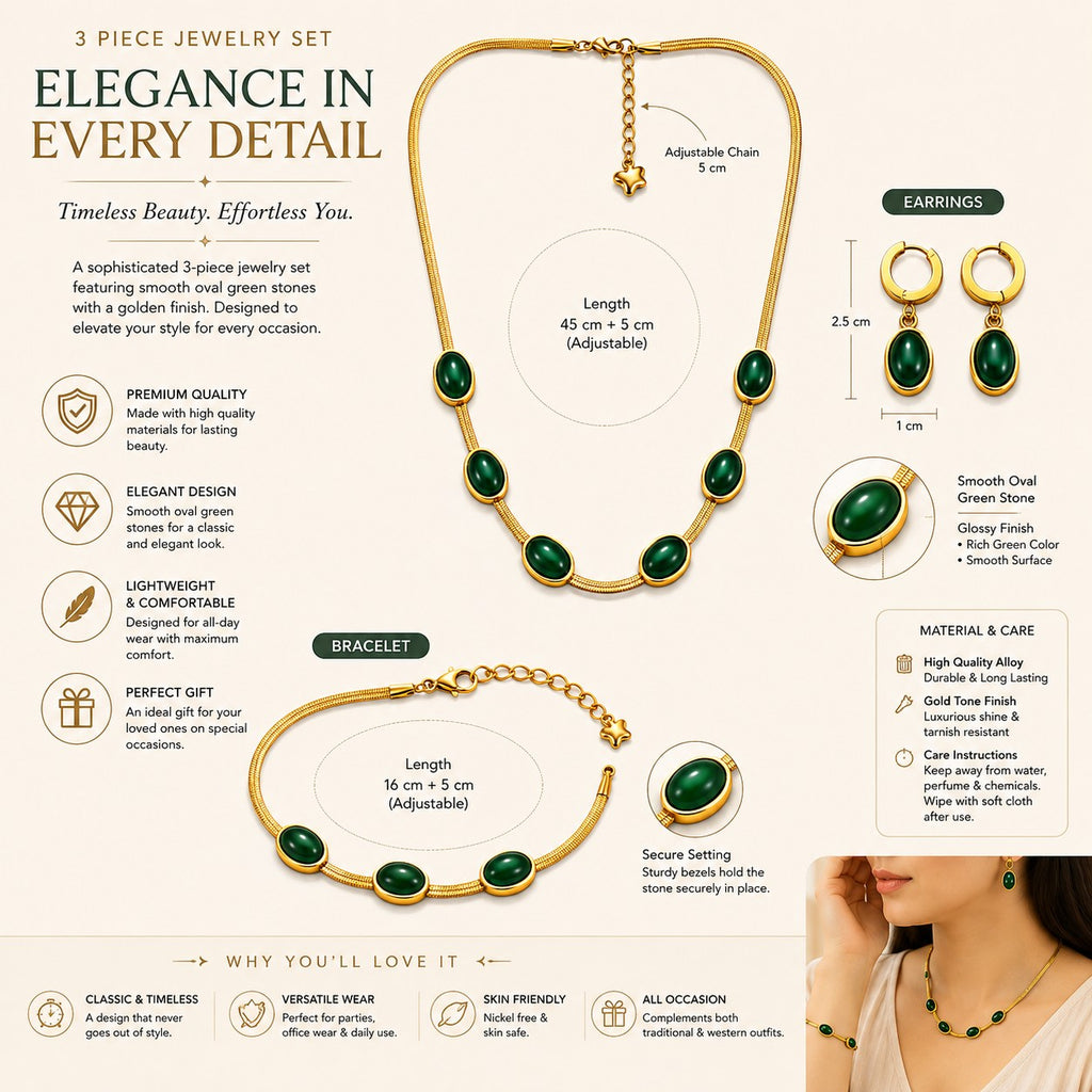 Gold-tone jewellery set with green oval accents, including necklace, bracelet and a pair of drop earrings on white
