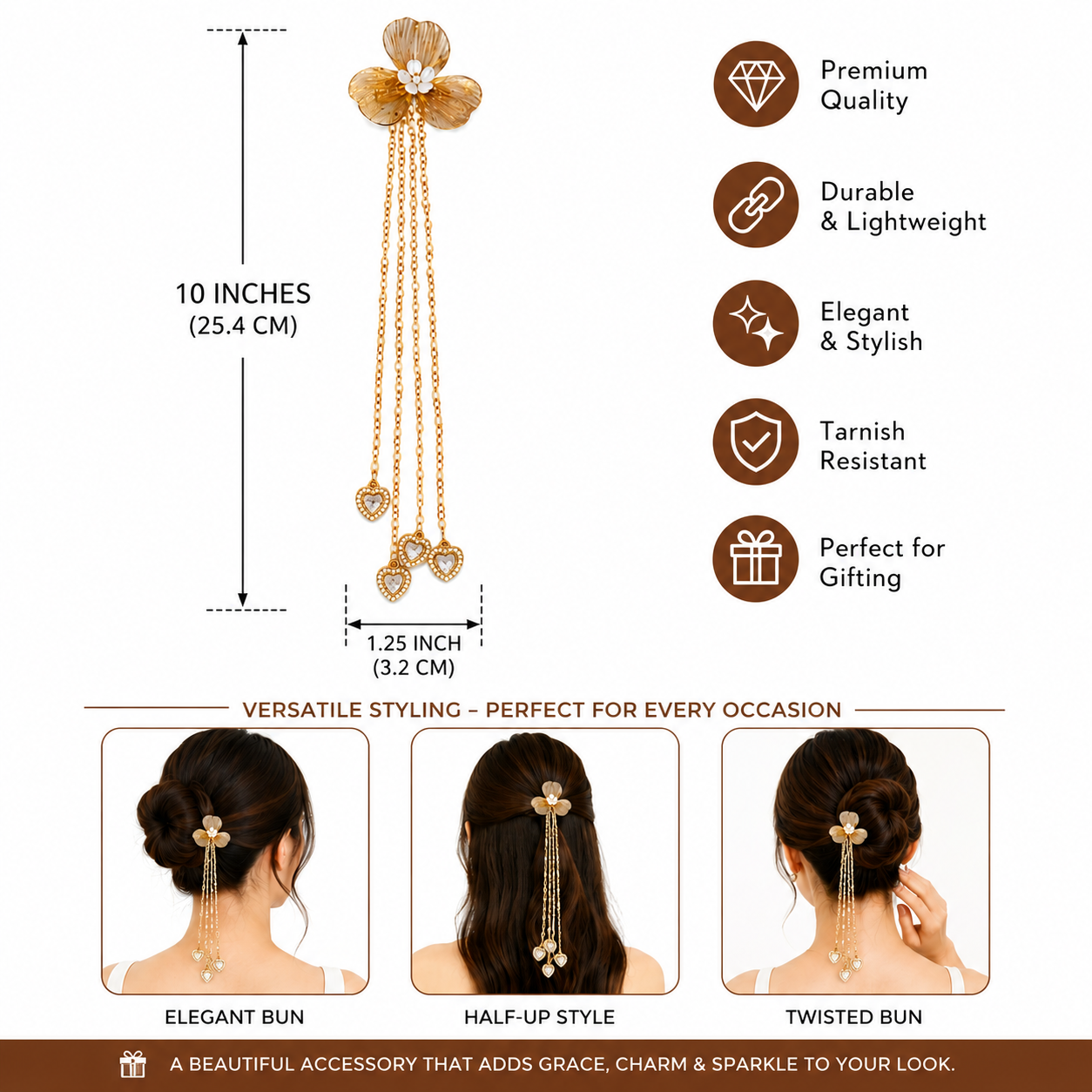 Elegant Hair Charm – Gold Flower with Crystal Heart Tassels hi