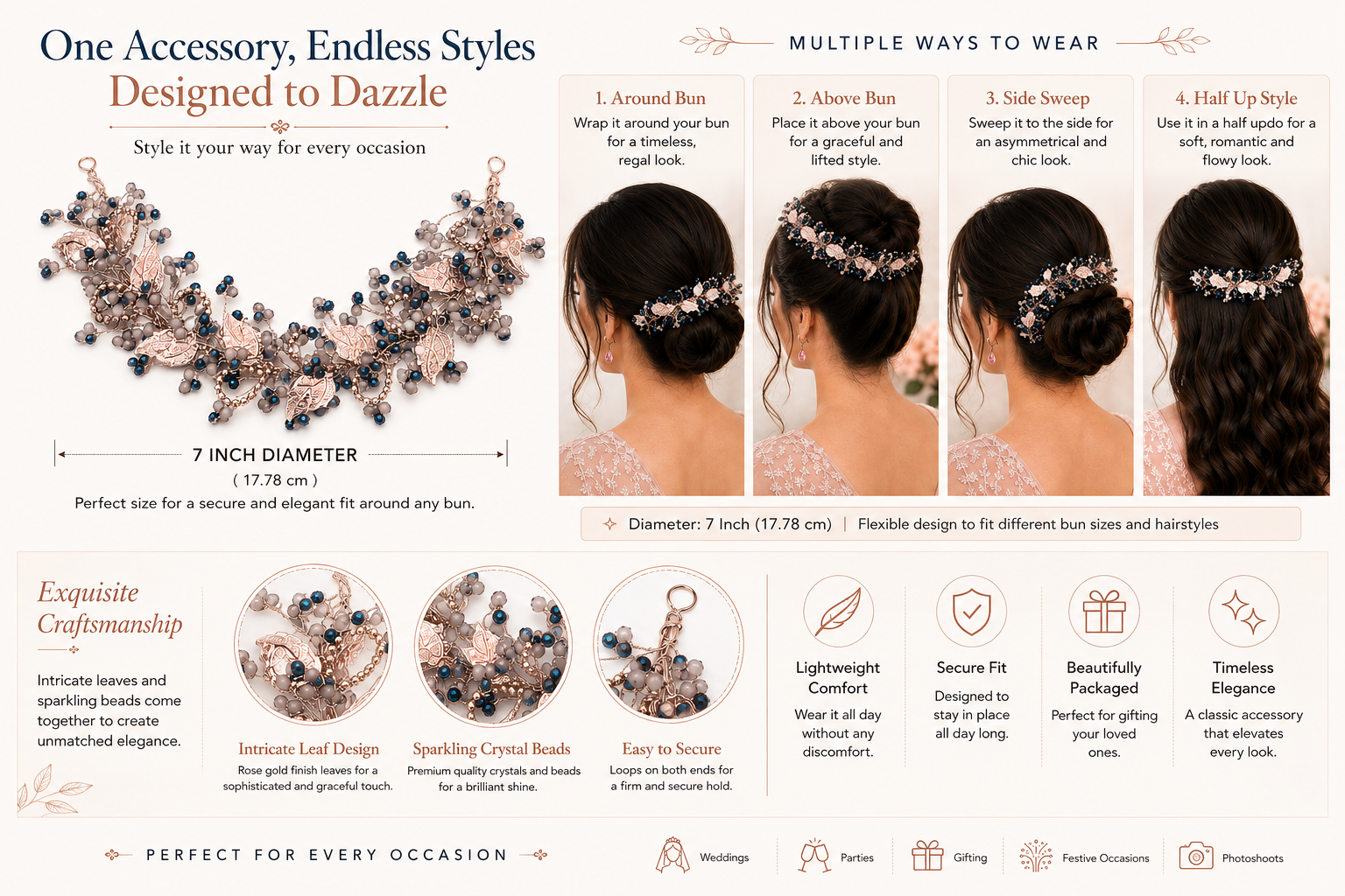 Elegant Leaf & Bead Hair Bun Accessory