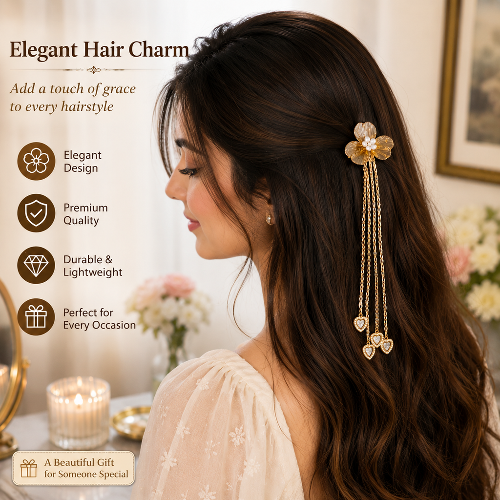 Elegant Hair Charm – Gold Flower with Crystal Heart Tassels hi