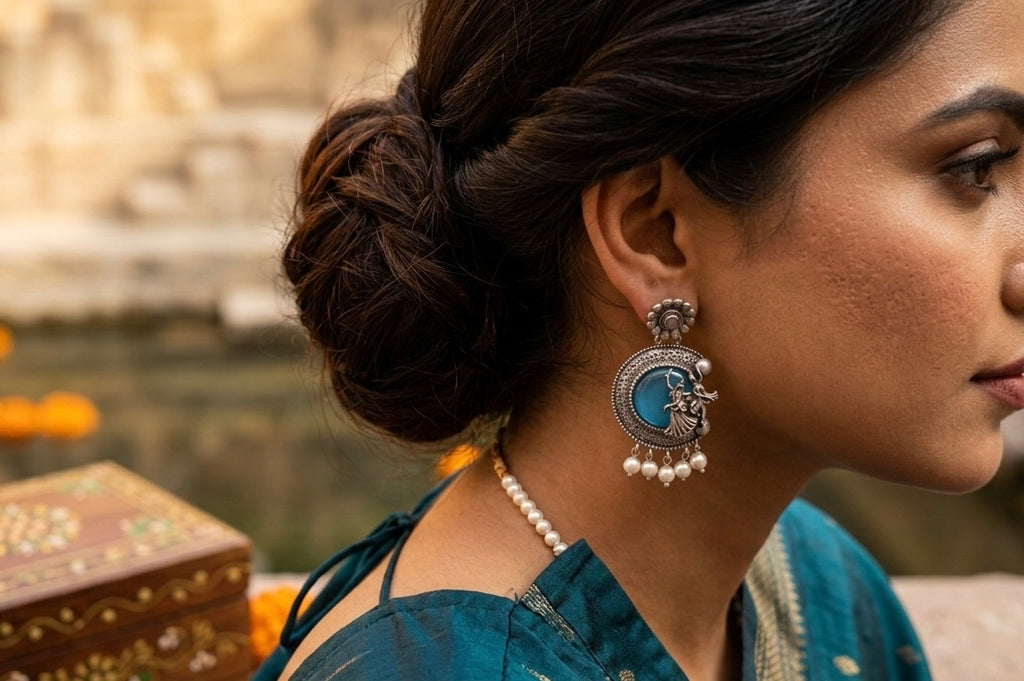 Traditional Silver Crescent Moon Earrings with Turquoise Enamel & Pearl Drops