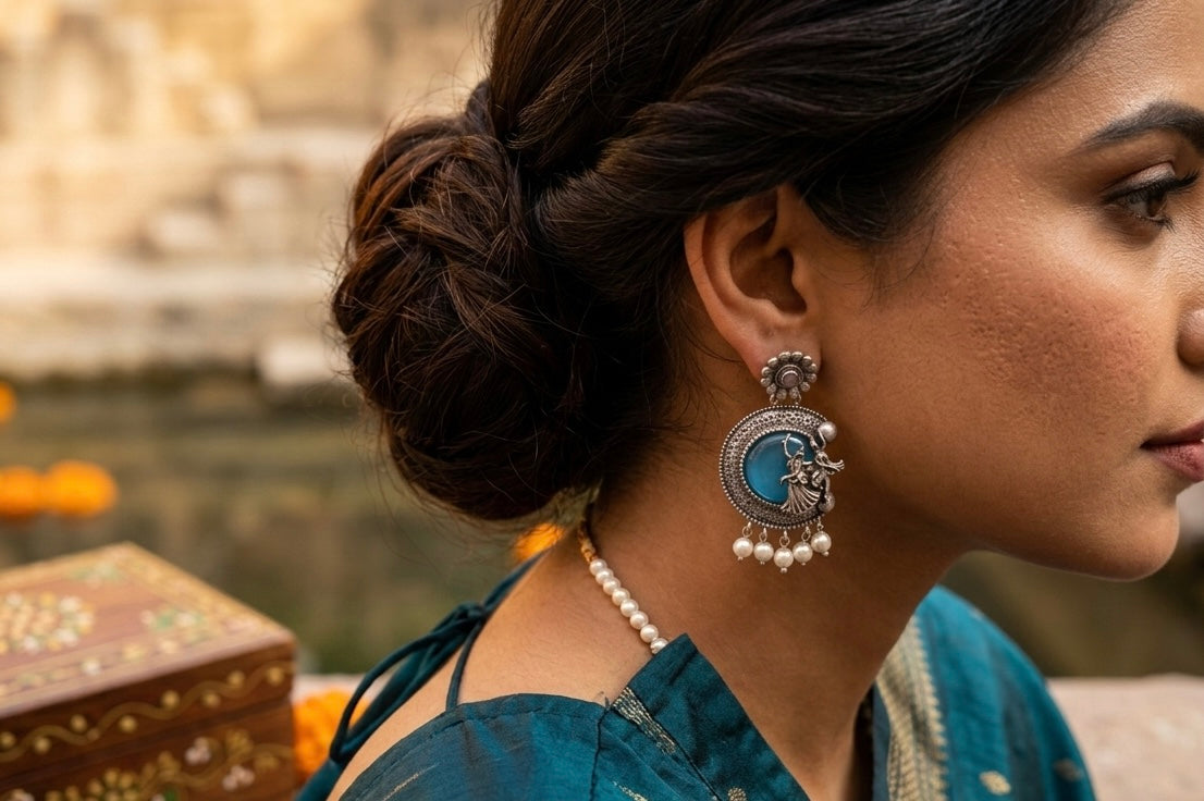 Traditional Silver Crescent Moon Earrings with Turquoise Enamel & Pearl Drops