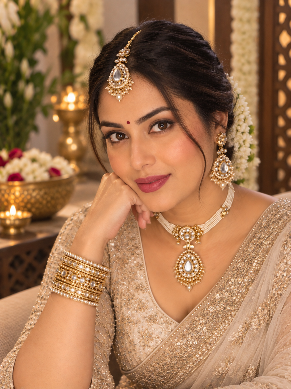 Gold Kundan Bridal Choker Necklace Set with Earrings & Maang Tikka