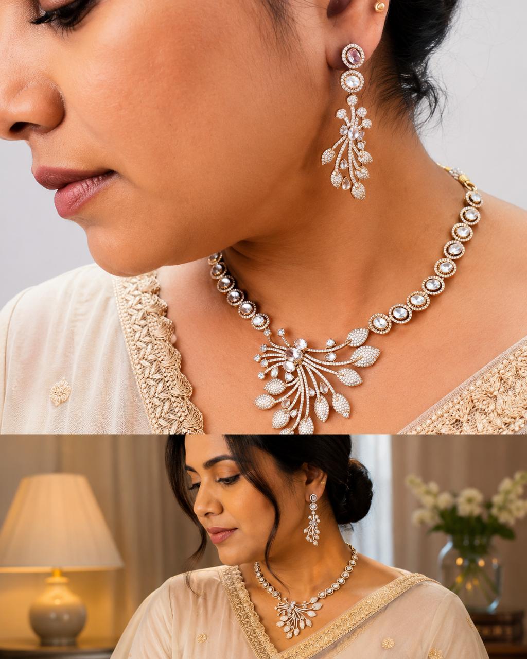 Peacock Fan American Diamond Necklace & Earring Set