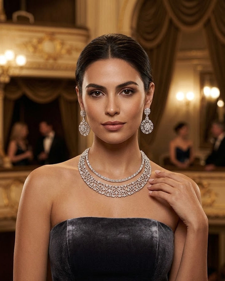 Delicate, shimmering necklace and a pair of matching drop earrings for a coordinated look.