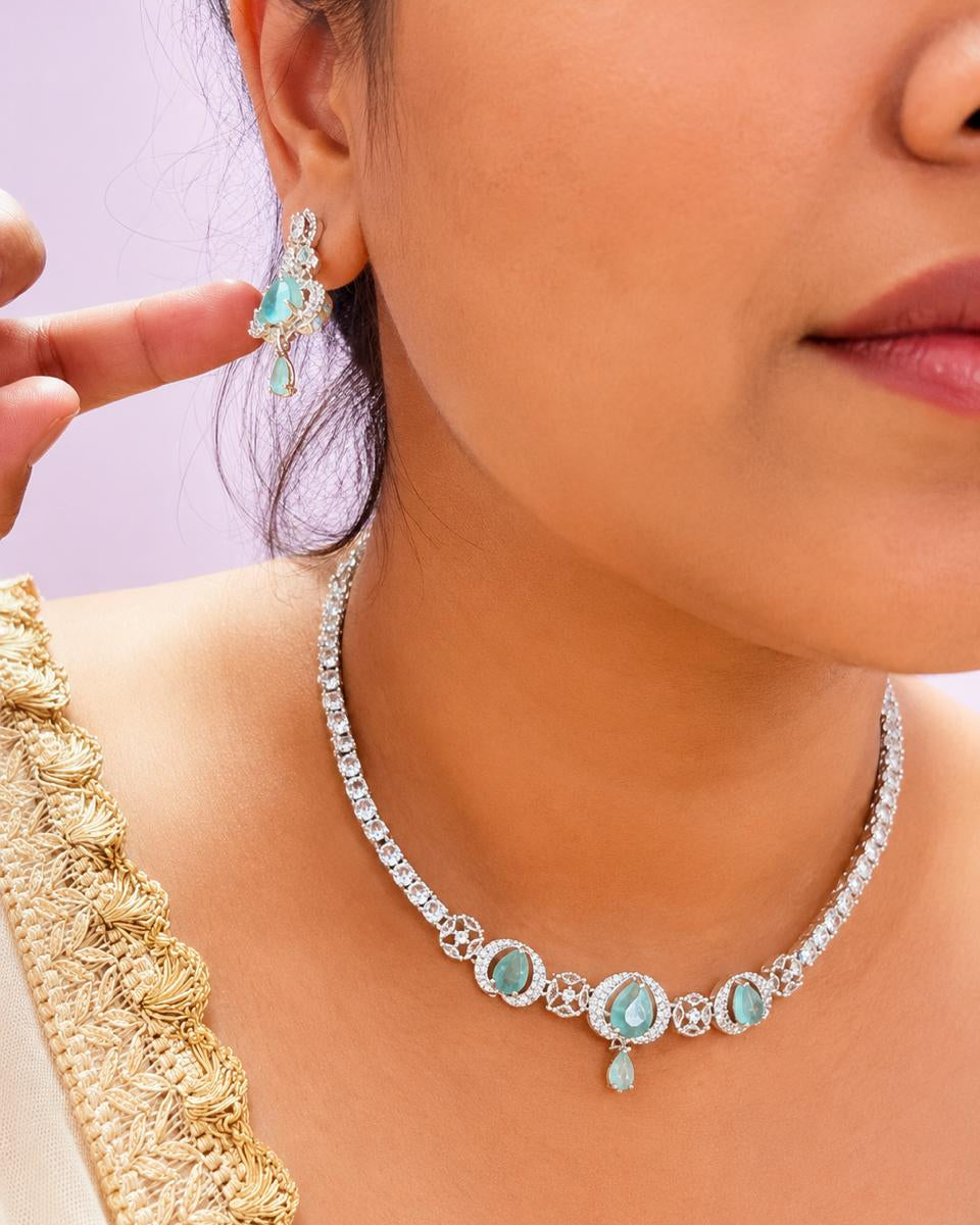 Aqua Mint American Diamond Necklace and Earring Set worn with cream embroidered outfit