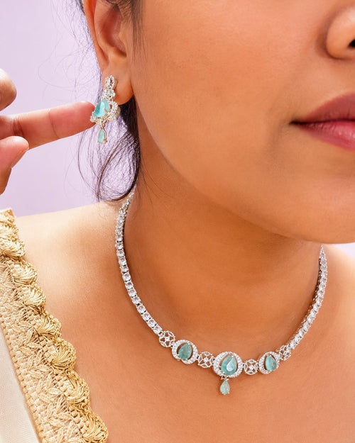 Aqua Mint American Diamond Necklace and Earring Set worn with cream embroidered outfit