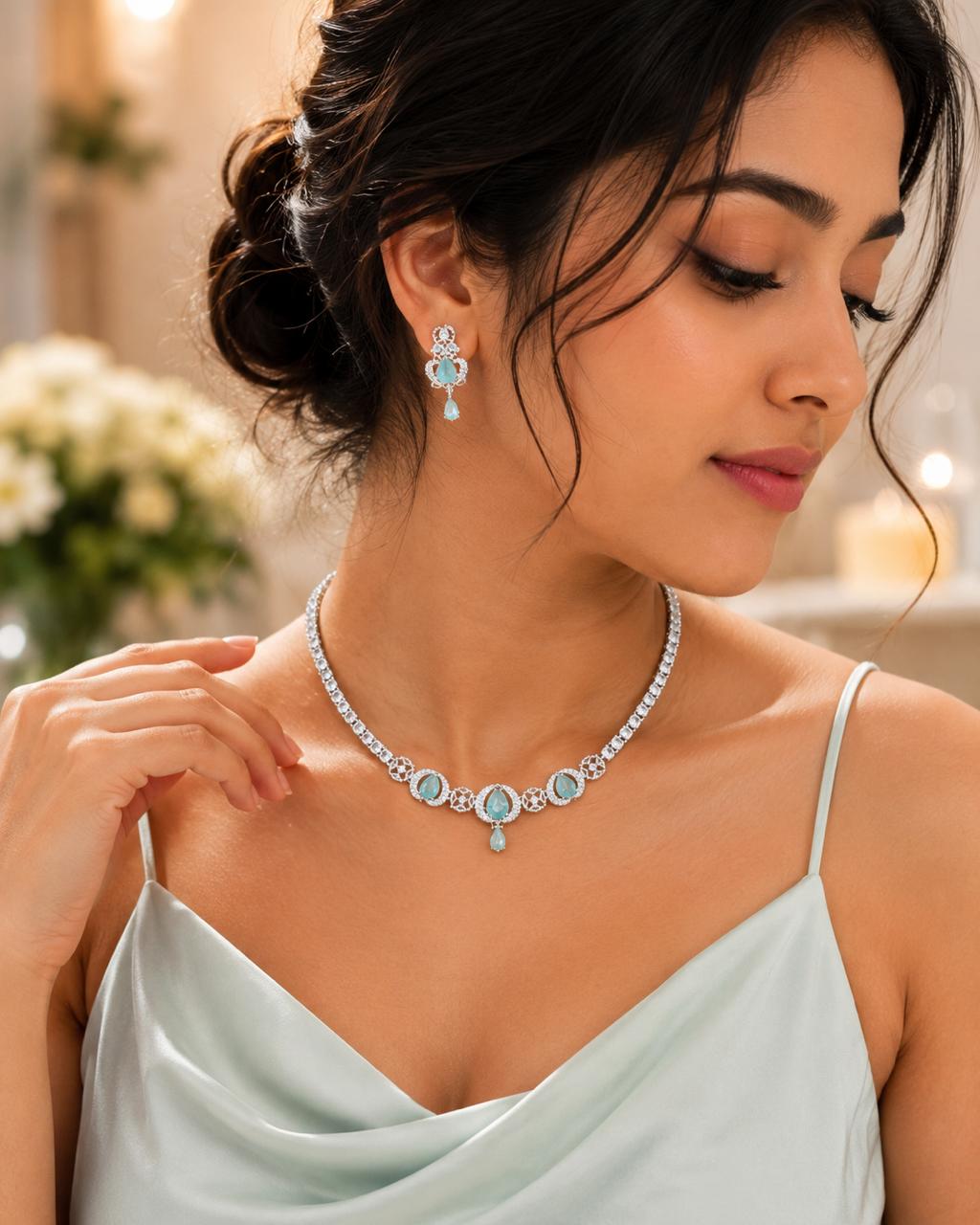 Aqua Mint American Diamond Necklace & Earring Set