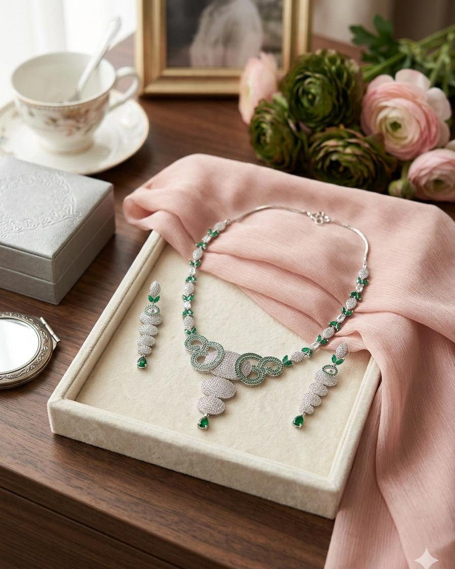 Emerald Green American Diamond Baroque Necklace Set with Drop Earrings