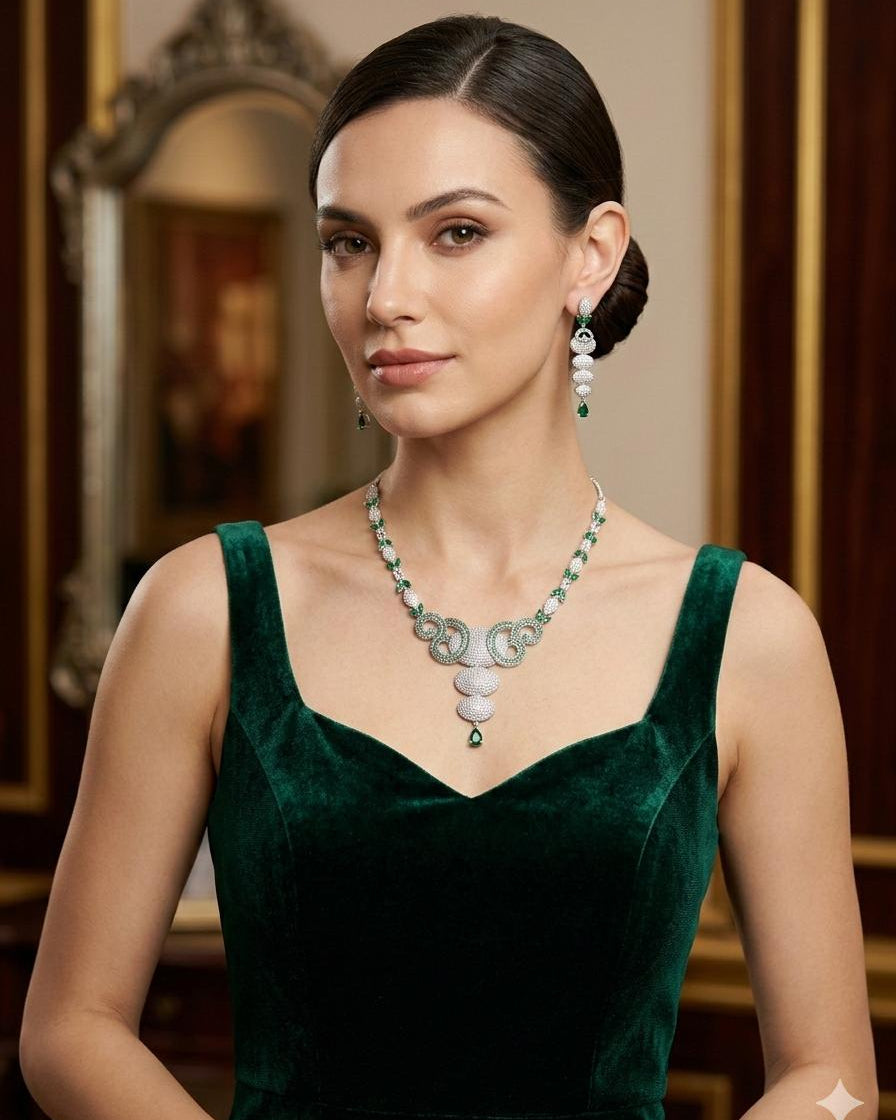 Emerald Green American Diamond Baroque Necklace Set with Drop Earrings