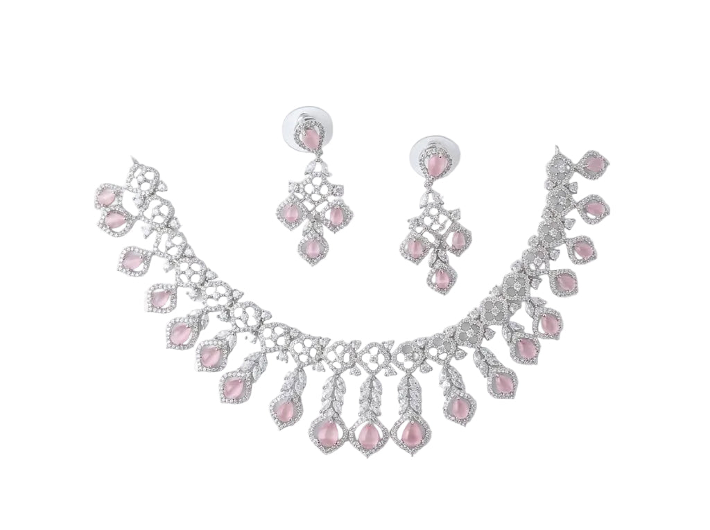 Rose Gold American Diamond Teardrop Necklace Set with Chandelier Earrings