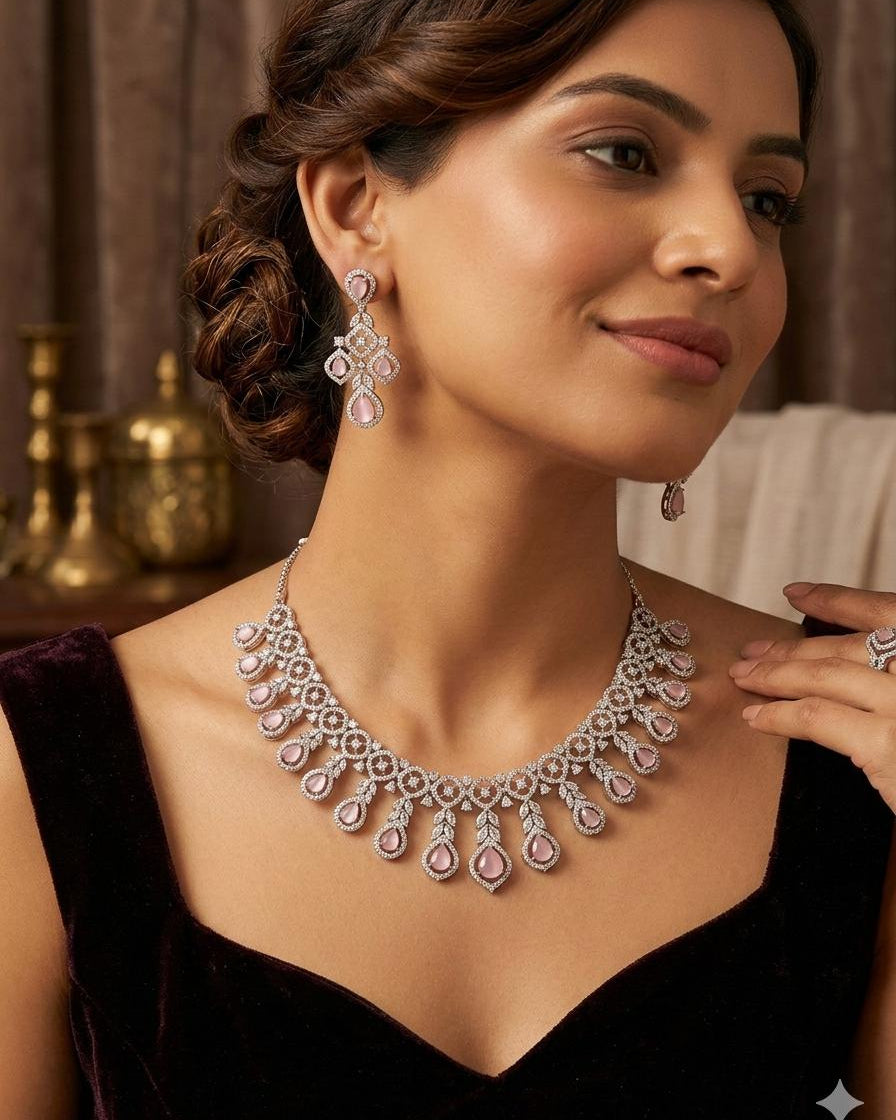 Rose Gold American Diamond Teardrop Necklace Set with Chandelier Earrings