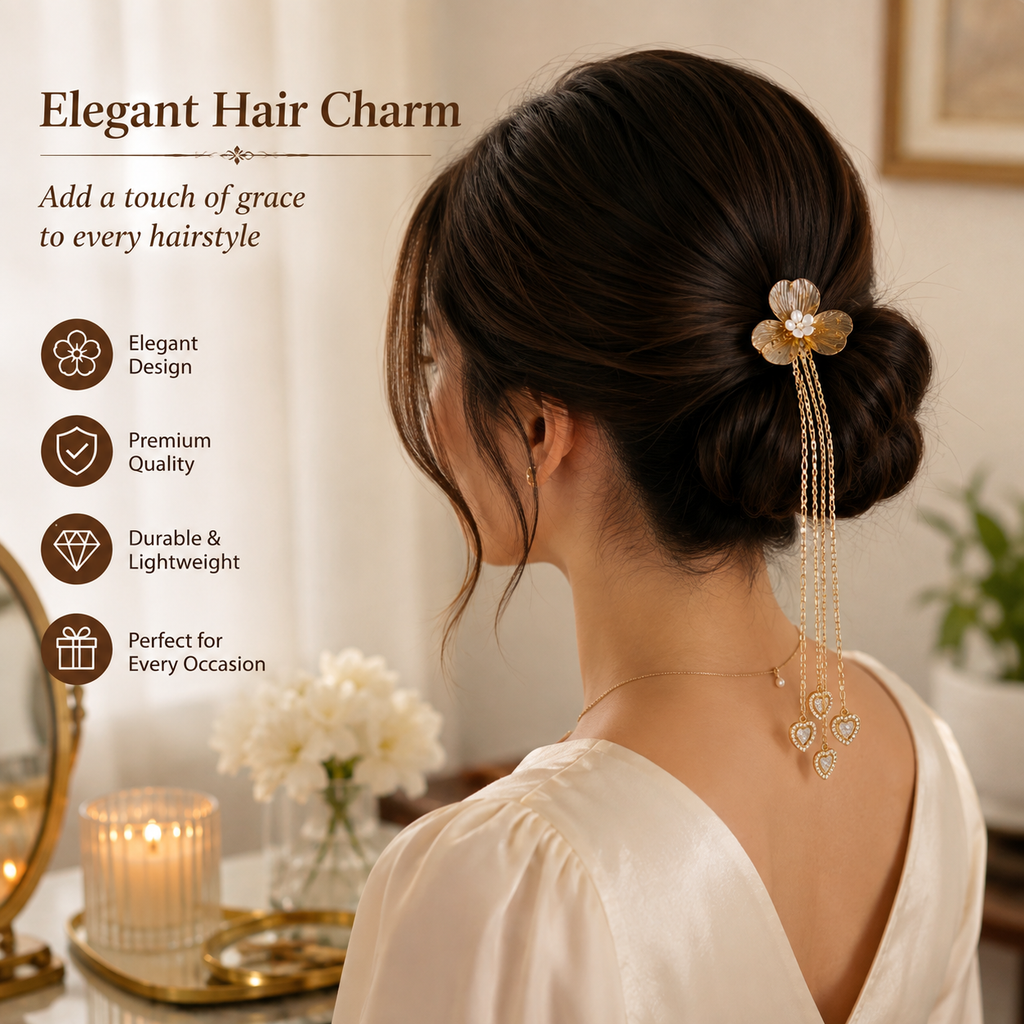 Elegant Hair Charm – Gold Flower with Crystal Heart Tassels hi