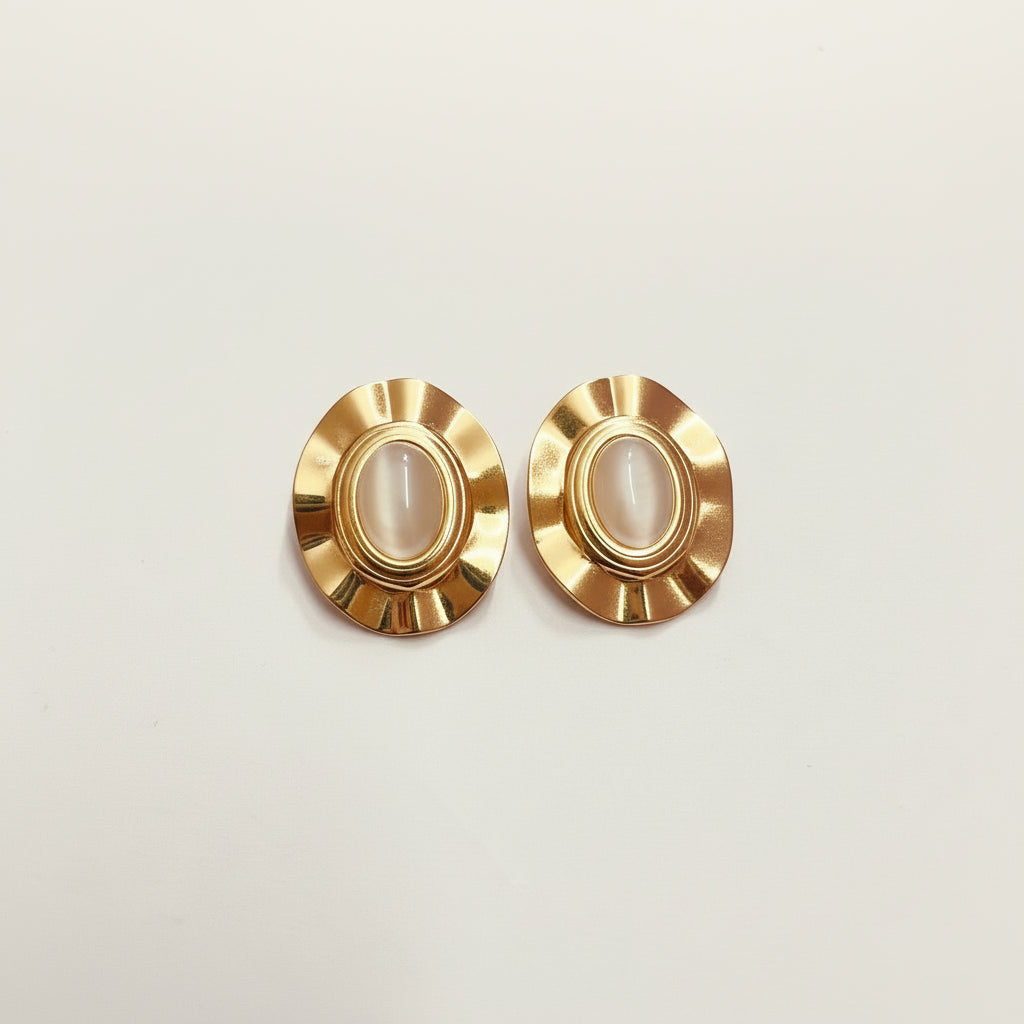 Gold Sunburst Cat-Eye Oval Stud Earrings – Stainless Steel
