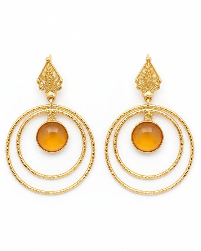 Golden Amber Double Circle Earrings with Textured Leaf Tops
