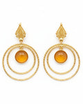Golden Amber Double Circle Earrings with Textured Leaf Tops