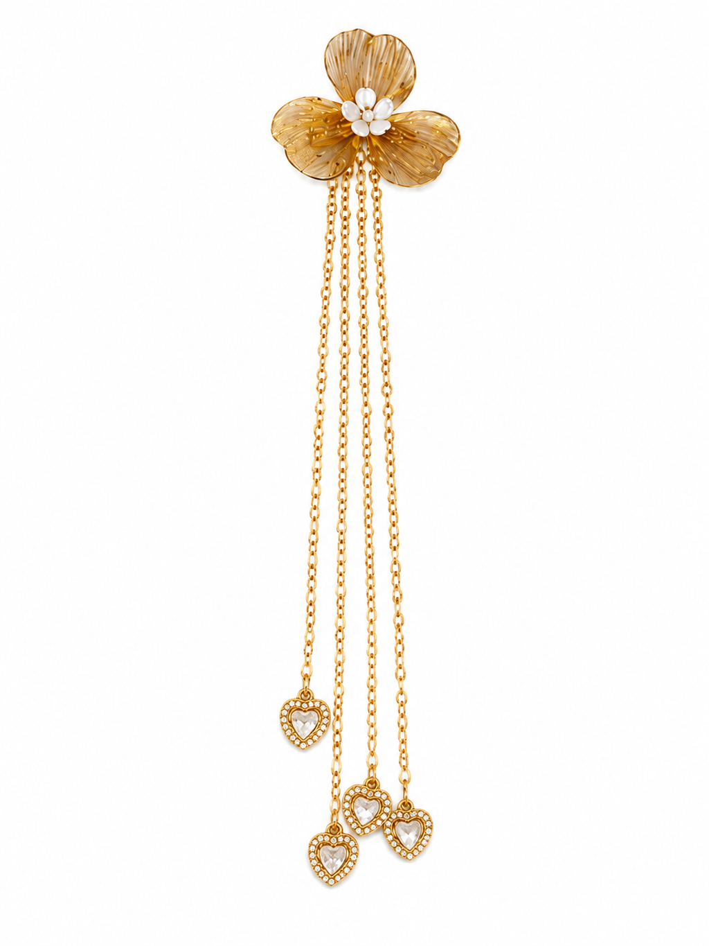 Elegant Hair Charm – Gold Flower with Crystal Heart Tassels hi