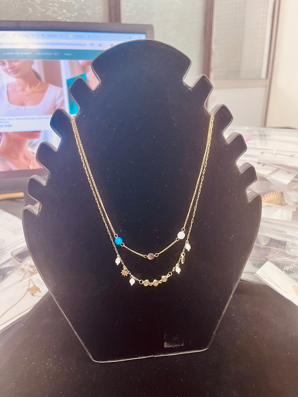 Gold Layered Charm Necklace Set with Turquoise Bead