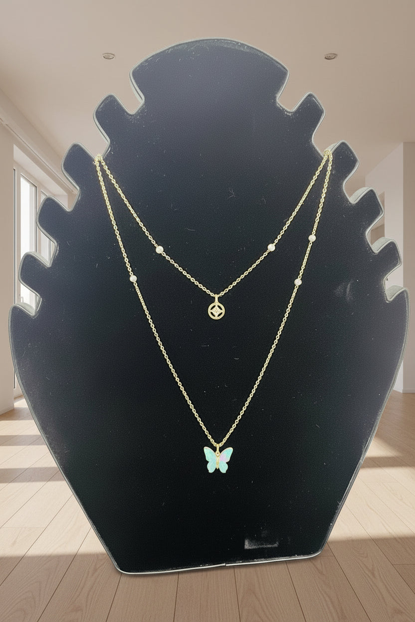 Serenity Duo Necklace – Turquoise Butterfly & Peace Charm Layered Chain