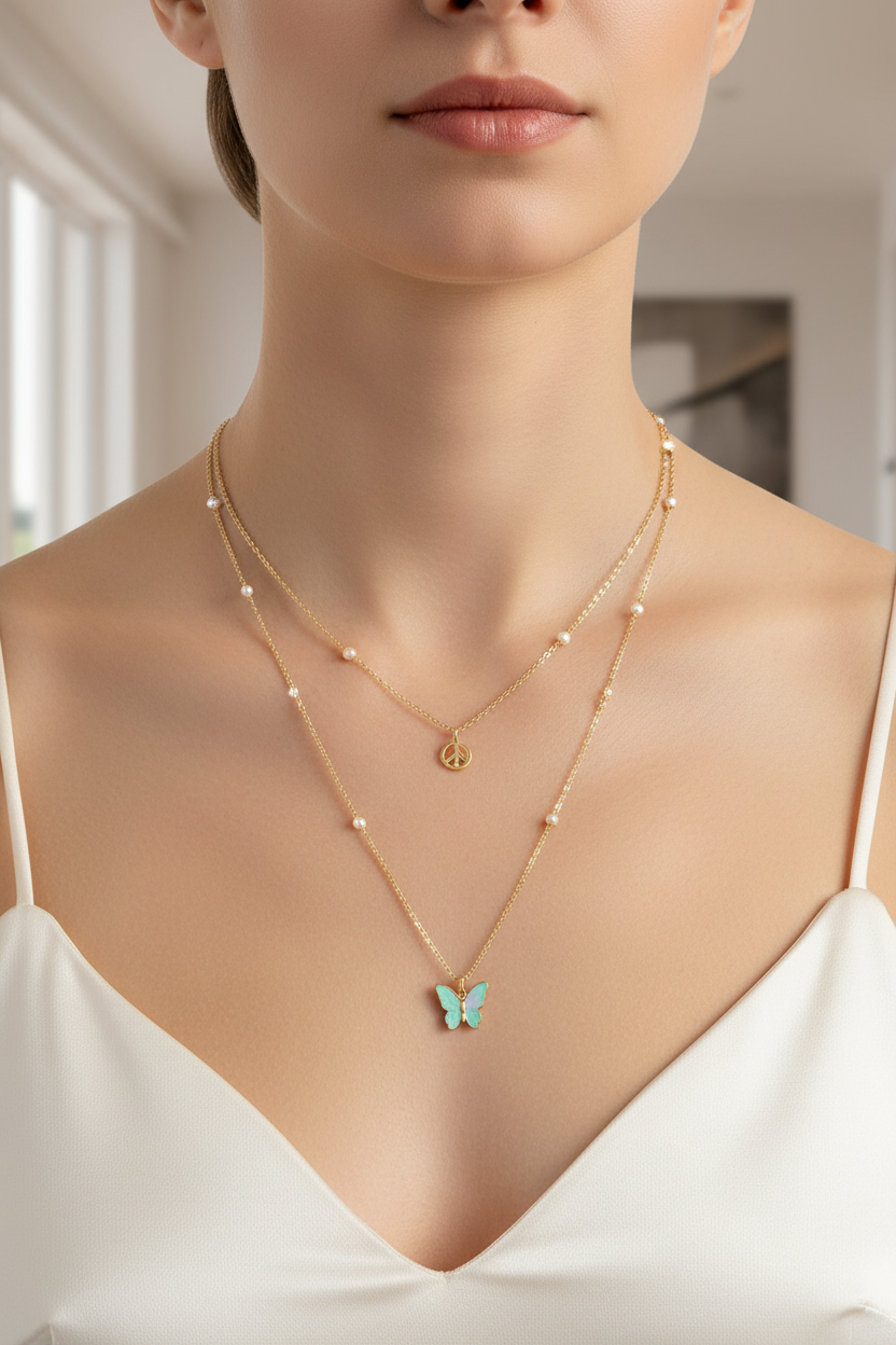 Serenity Duo Necklace – Turquoise Butterfly & Peace Charm Layered Chain