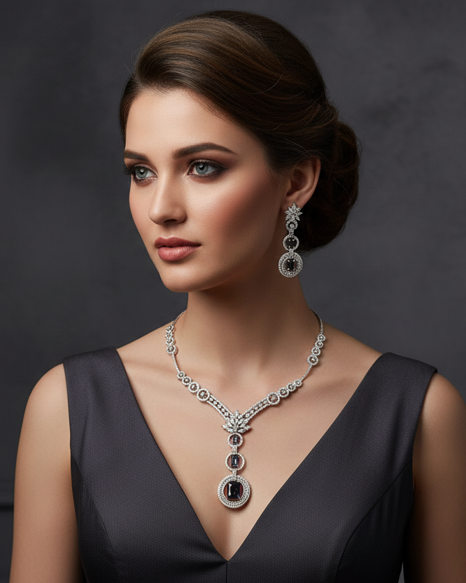 Black stone American Diamond necklace set lifestyle image