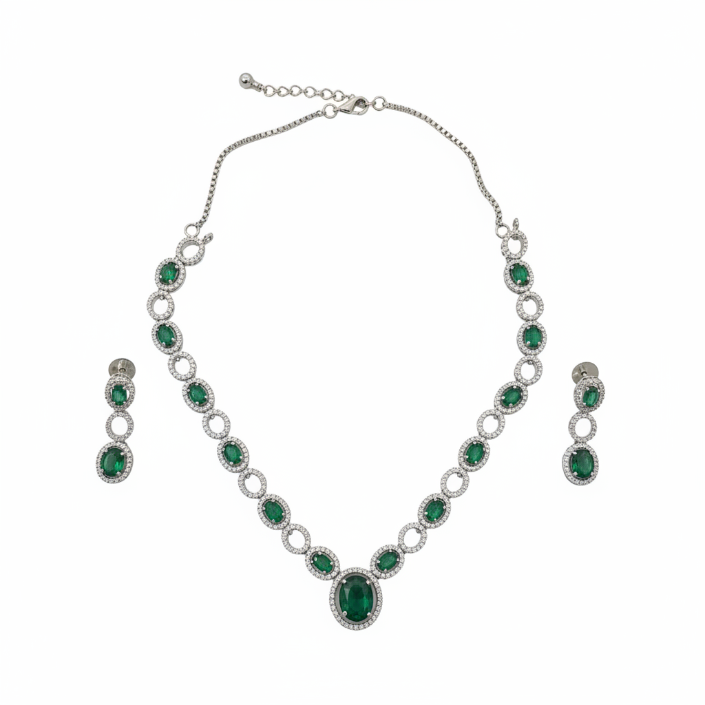 Emerald Green American Diamond Necklace & Earrings Set