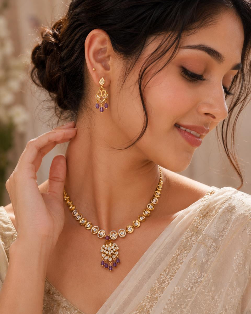 Amethyst Drop American Diamond Necklace and Earring Set worn with ivory saree