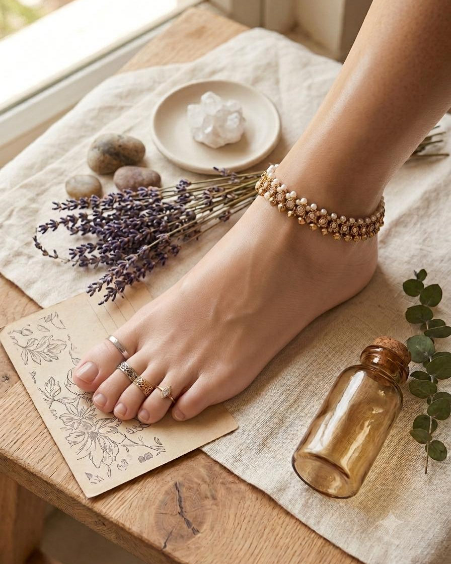 Gold floral pearl anklet and toe rings styled with lavender and natural elements