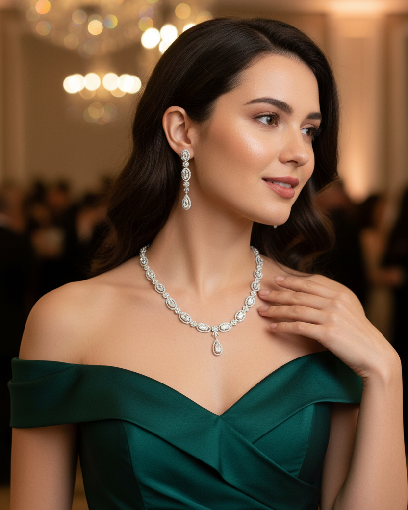 Elegant woman wearing diamond necklace and earrings