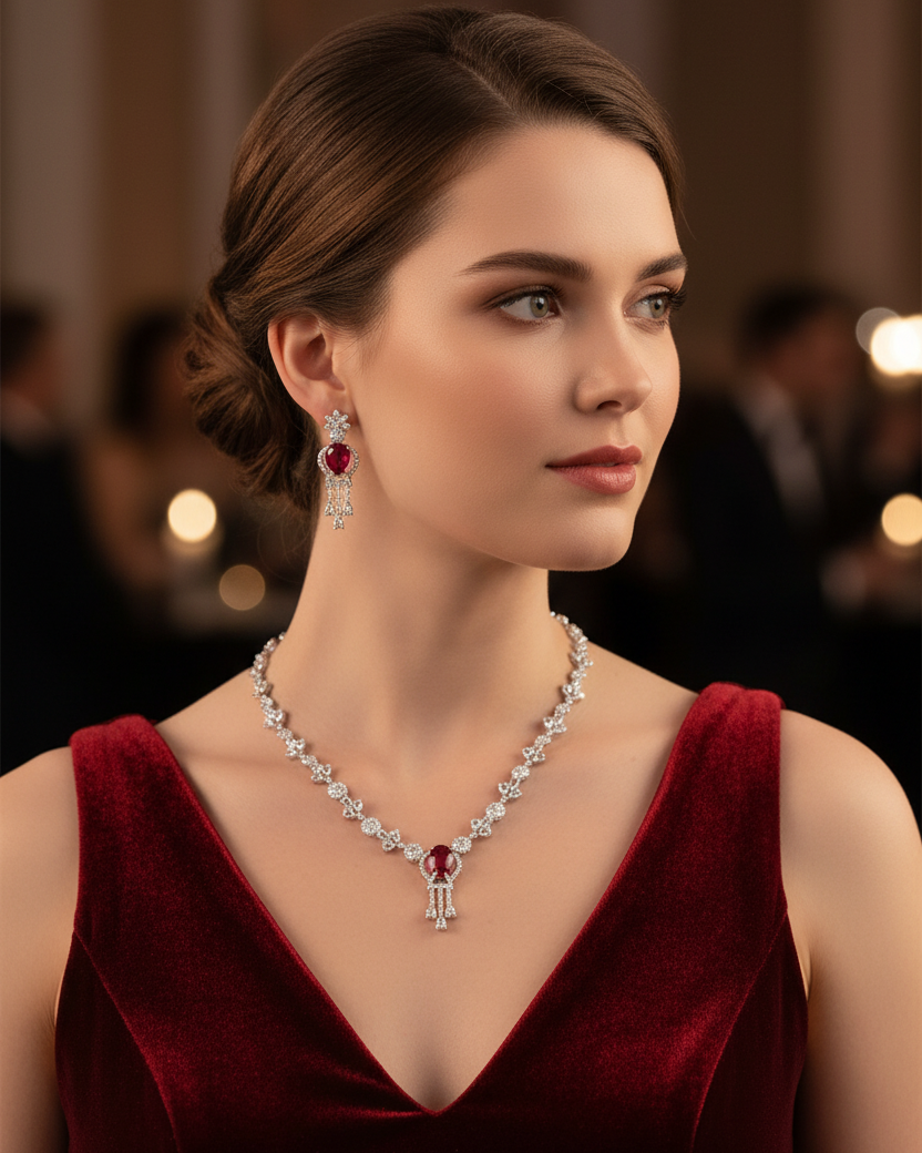 Elegant woman wearing ruby and diamond jewelry set
