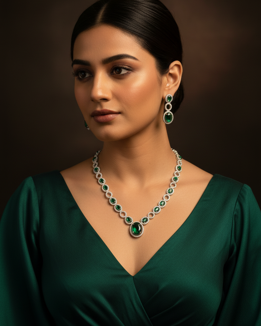 Emerald Green AD Halo Necklace Set - Lifestyle