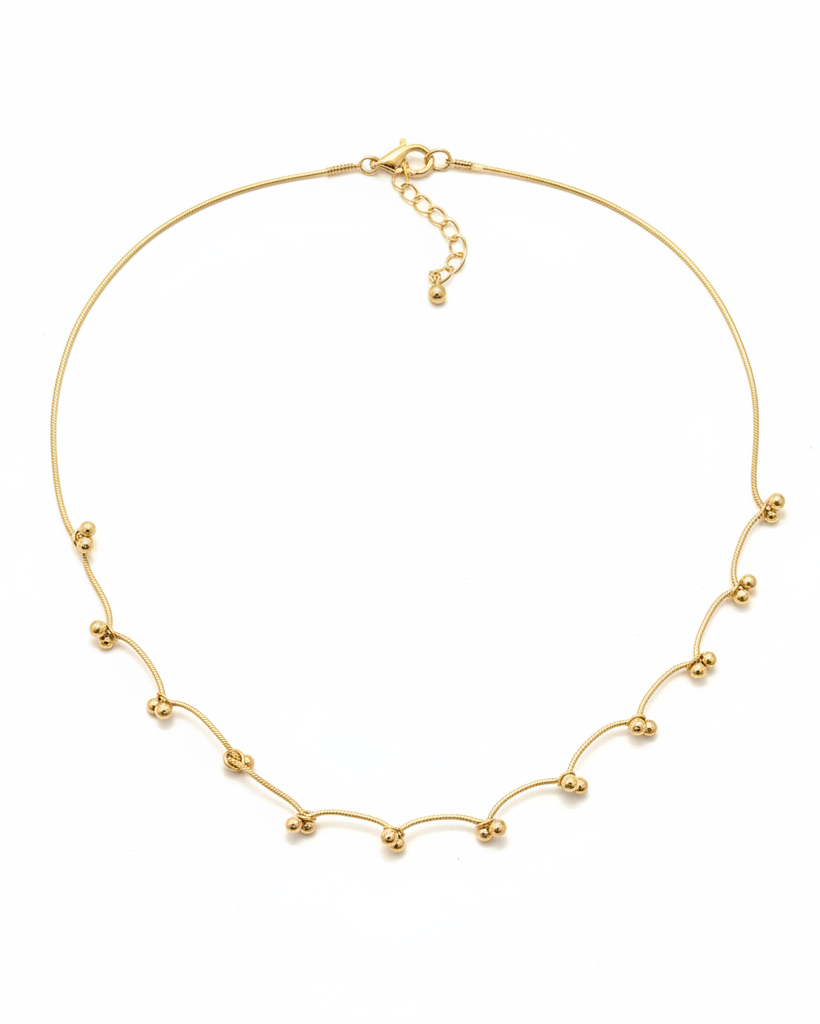 Gold Ball Bead Wire Necklace - Enhanced White Background