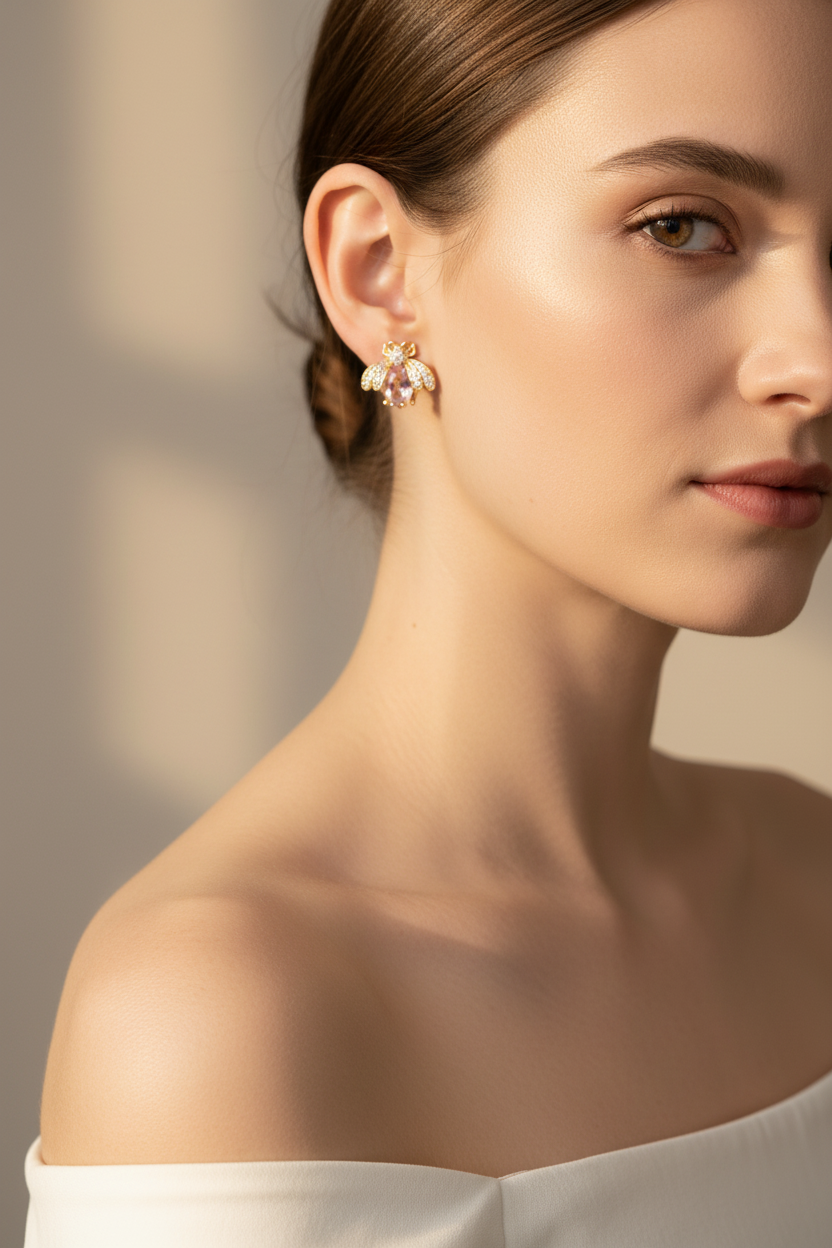 Gold Bee Pink Morganite Studs - Smaller Size Lifestyle