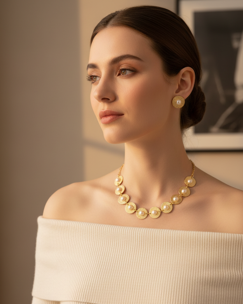 Gold Coin Pearl Necklace Set - Lifestyle
