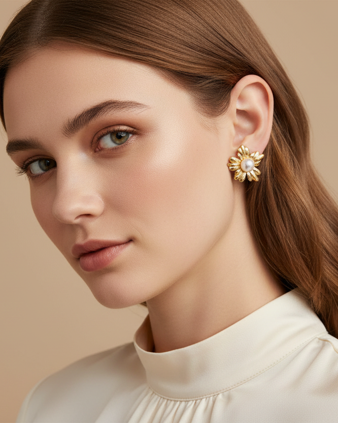 Gold daisy flower pearl stud earrings lifestyle image