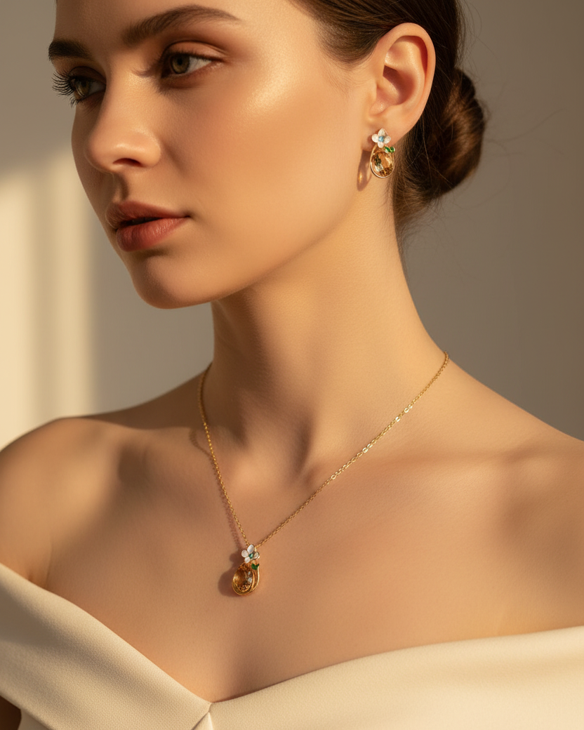 Gold Floral Champagne Topaz Set - Smaller Pendant Lifestyle