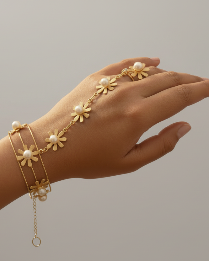 Gold floral hand chain - no henna lifestyle image