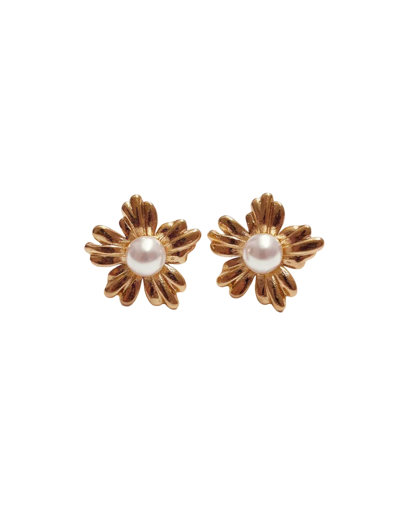 Gold Flower Pearl Stud Earrings