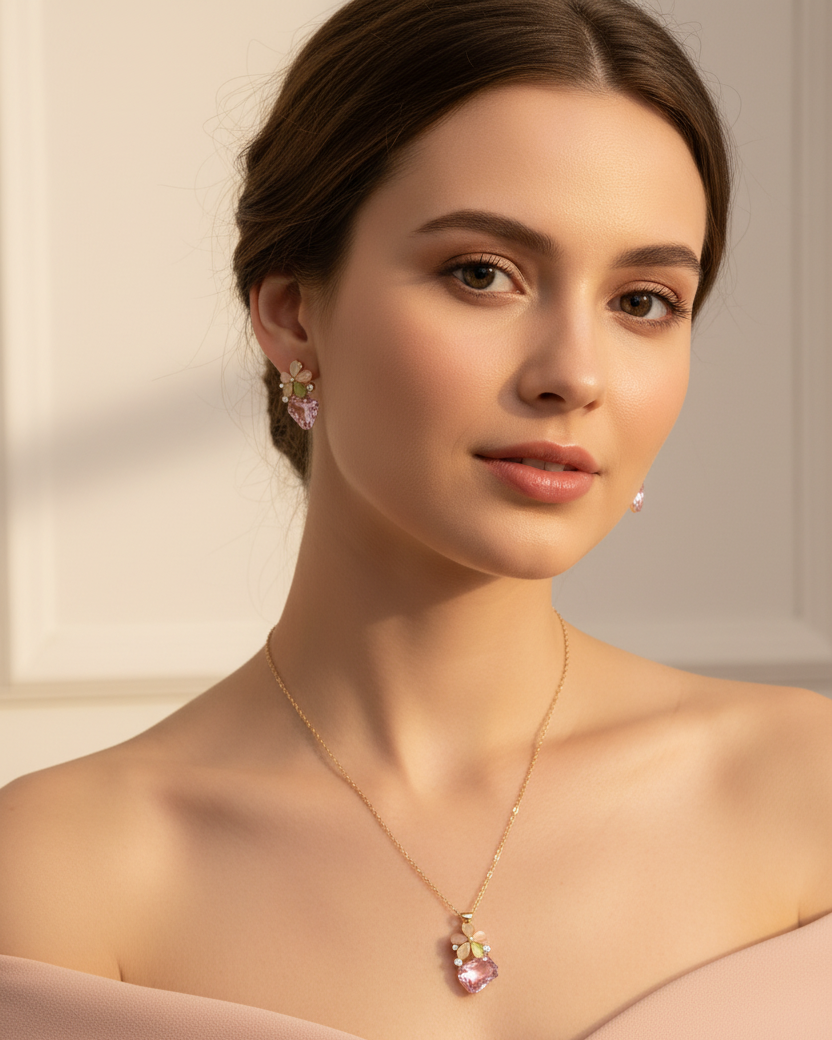 Gold Flower Pink Heart Necklace Set - Lifestyle