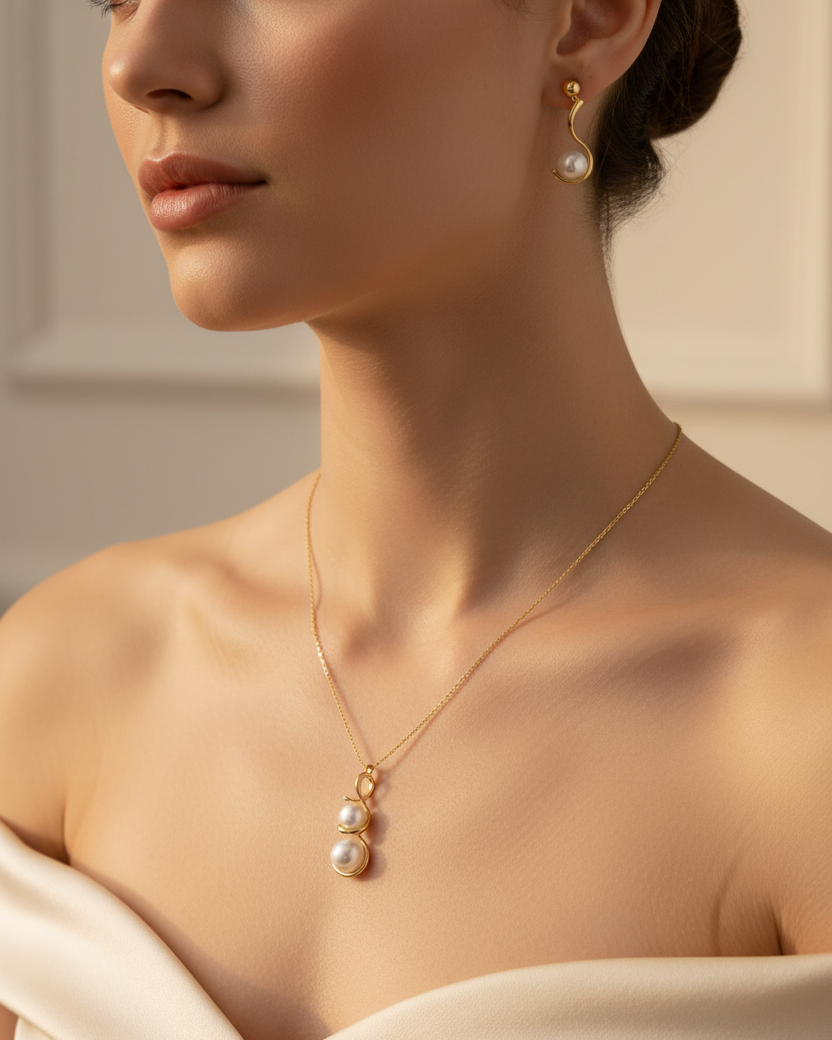 Gold Pearl Swirl Necklace Set - Lifestyle