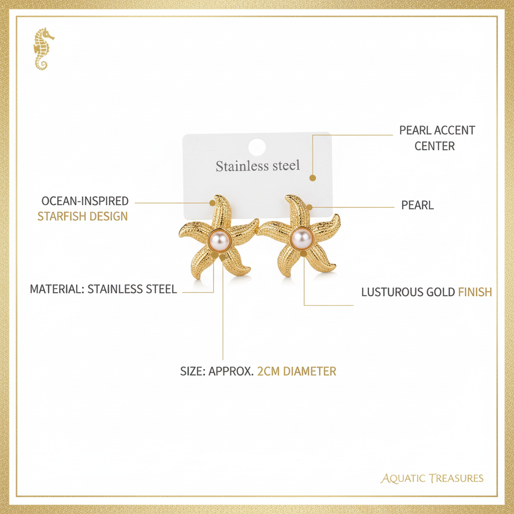 Gold Starfish Pearl Stud Earrings - Infographic